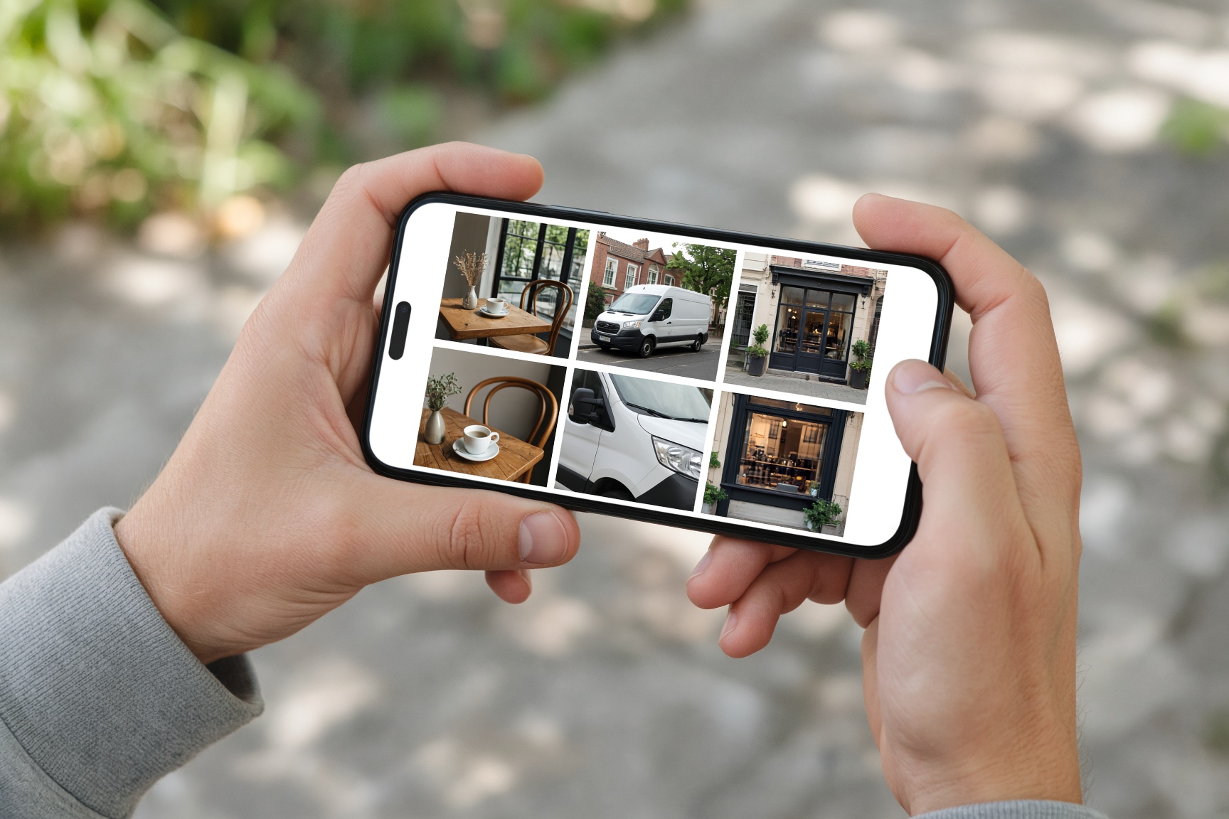 A phone showing photos of local businesses