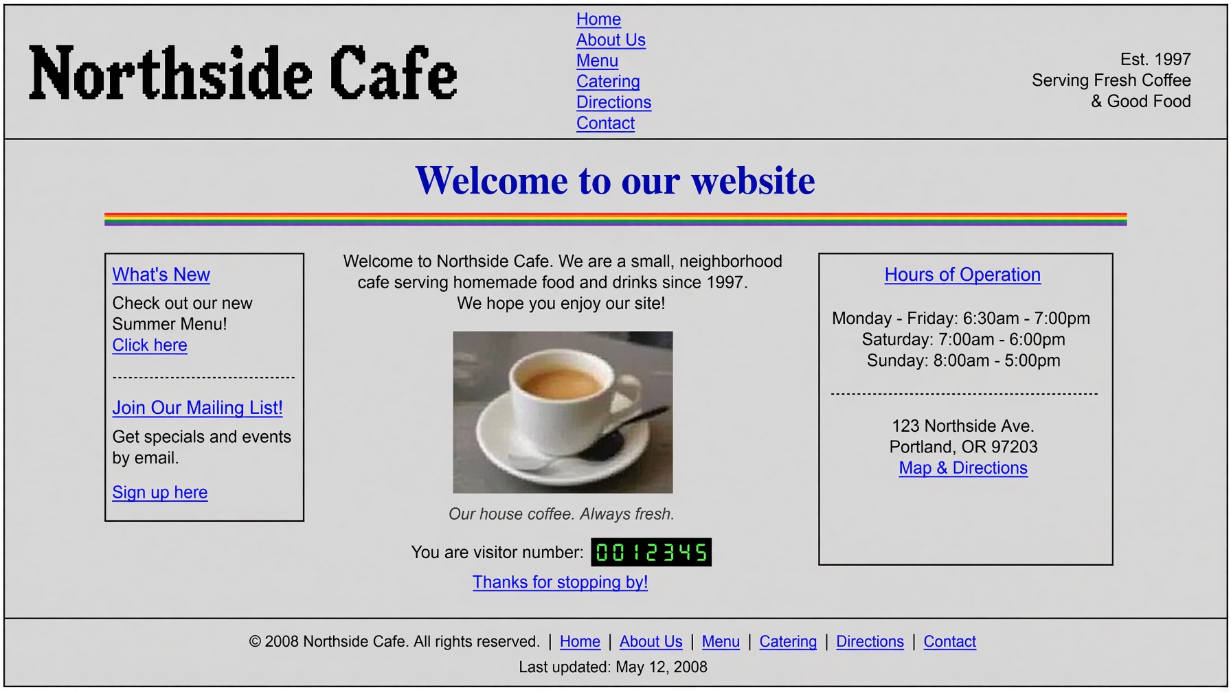 Outdated Northside Cafe website before an update